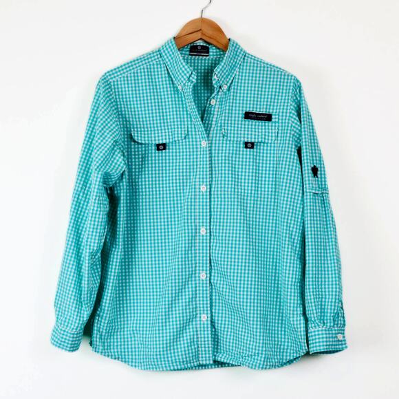 Simply Southern Size M Long Sleeve Button Up Shirt Gingham Check Teal - Picture 1 of 11